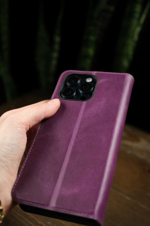 iPhone 8 Plus Hakiki Deri Cüzdanlı Kapaklı Kaliteli Lüks Kılıf Mor